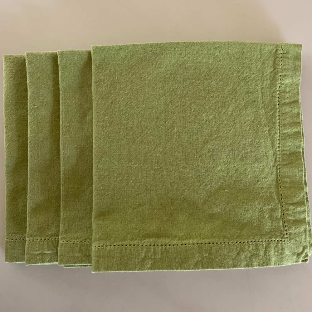 Green Linen-Cotton Hemstitched Napkins | Modern Classic Table Linens | Set of 4